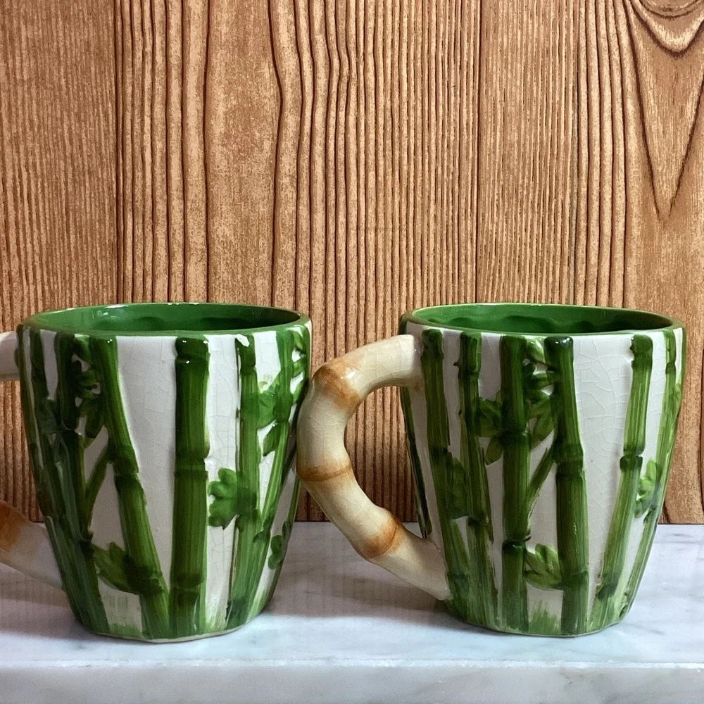 Pier One Green and White Bamboo Mugs Pandas inside